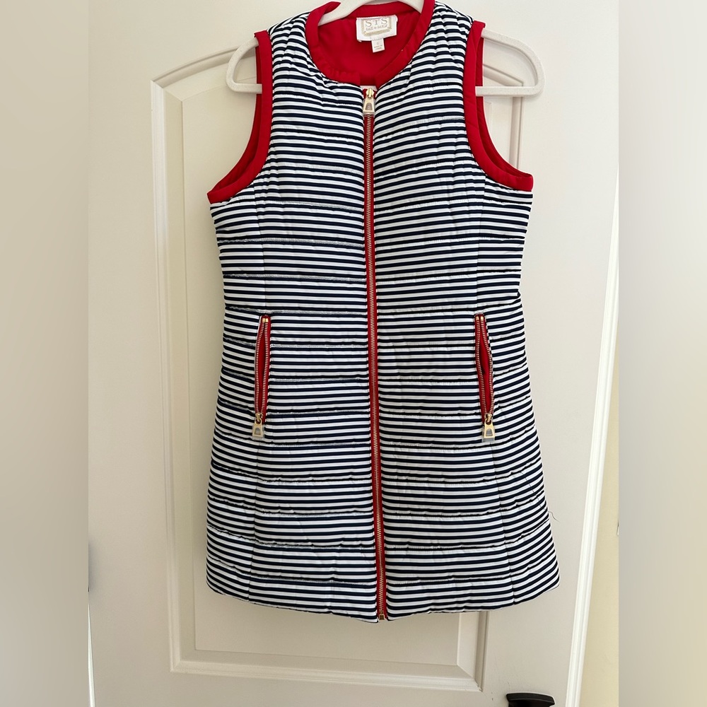 Sail to Sable Long Quilted Vest - Blue and White Stripe and Red Trim, Small